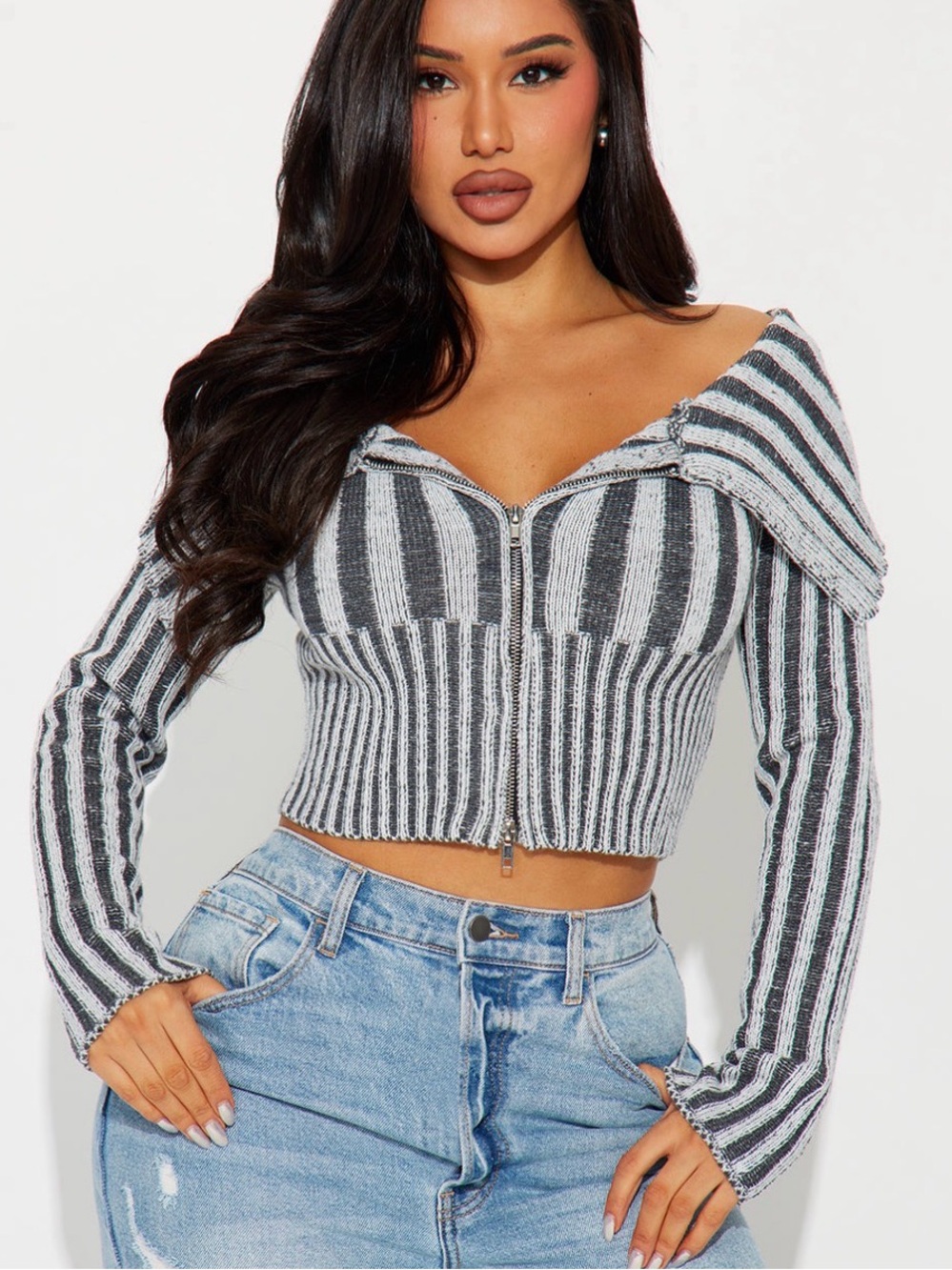 Fashion nova Essex marled Off-Shoulder Zip Front Cropped Sweater gray